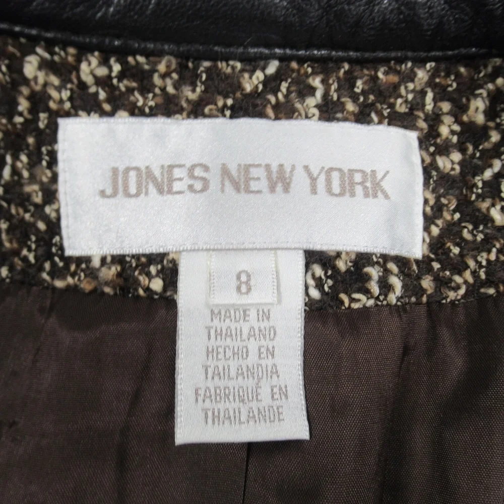 JONES NEW YORK Brown Vintage Leather & Tweed Zip Front Jacket Women’s Size 8